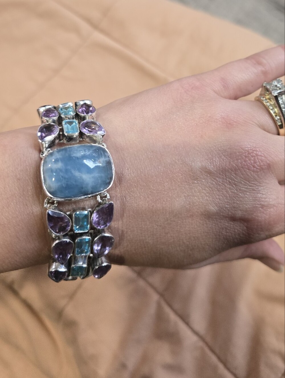 Larimar Cabachon Blue and Purple Gemstone Bracelet 925